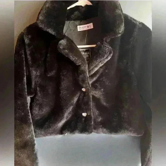 NWT Girls Black Faux Fur Coat Rhinestone Heart Buttons Sz16  Formal Super Soft - Picture 1 of 7
